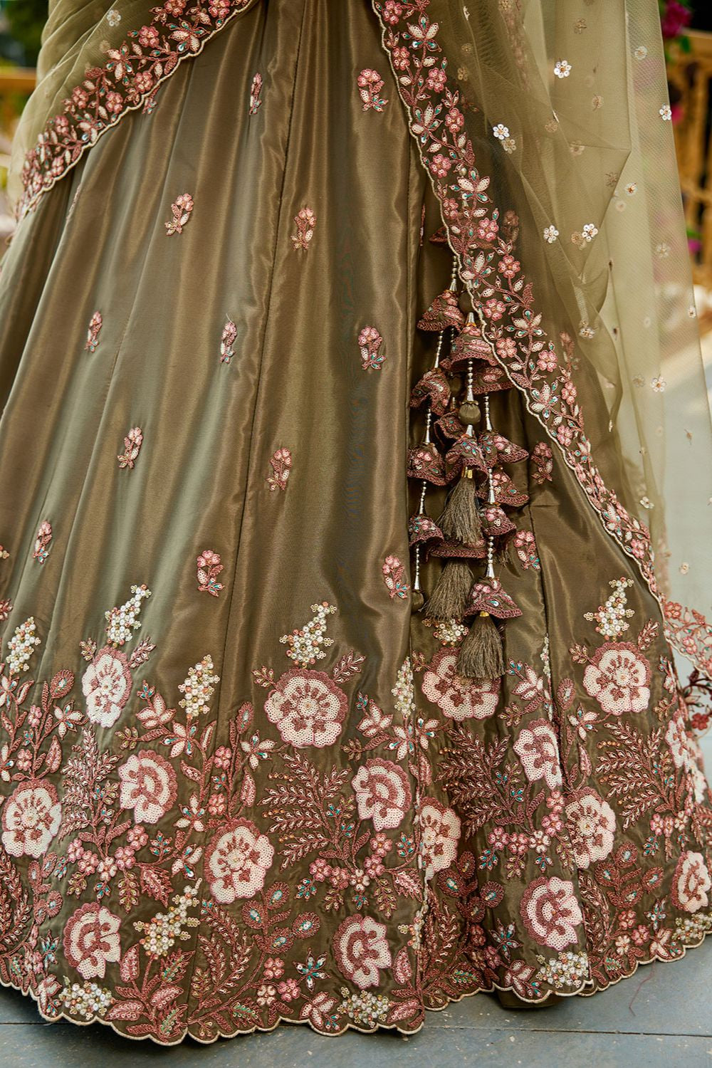 Green Satin Wedding Reception Lehenga Choli SFFK28701