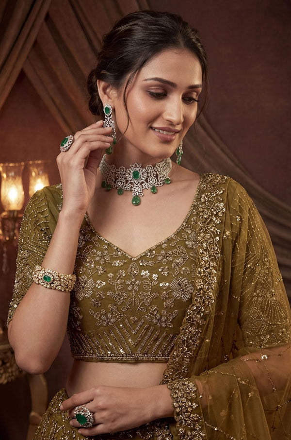 Golden Satin Lehenga Choli - SFANJ3260