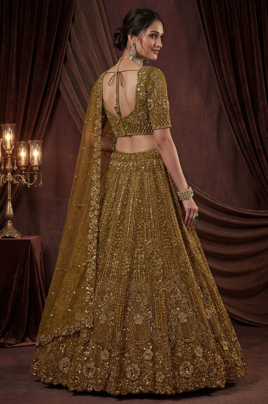 Golden Satin Lehenga Choli - SFANJ3260