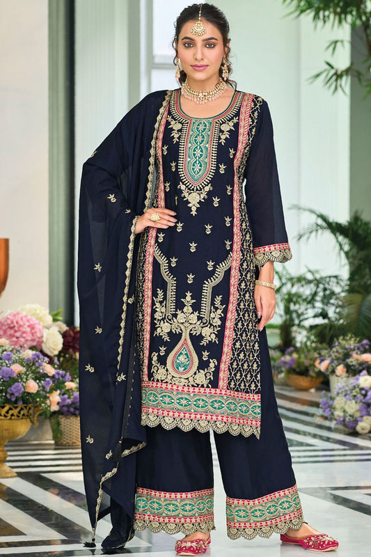 Blue Sassy Evening Sangeet Palazzo Kameez In Chinnon SFFK24001R