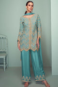 Blue Evening Chinnon Salwar Kameez Palazzo Suit  SFYS154302R