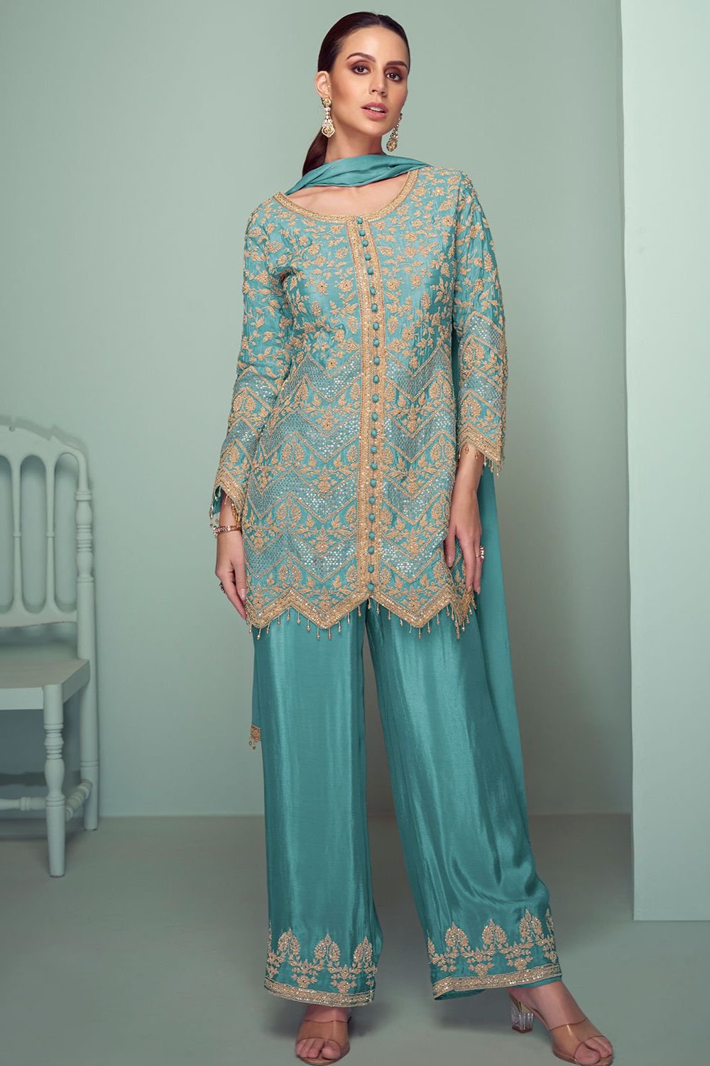 Blue Evening Chinnon Salwar Kameez Palazzo Suit  SFYS154302R