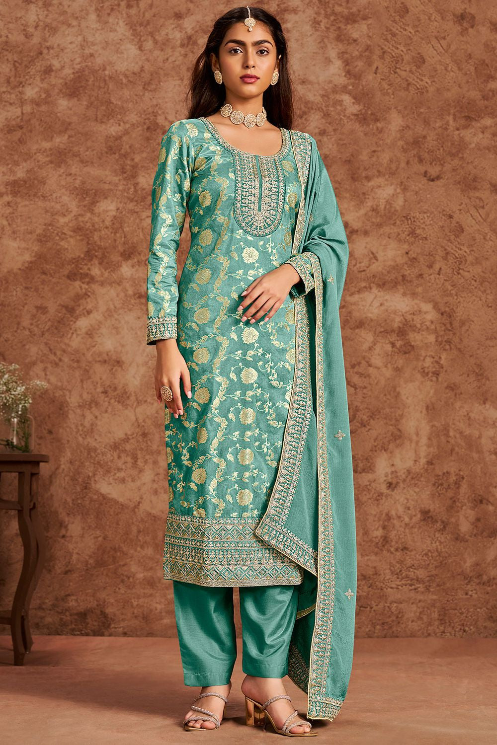 Blue Jacquard Wedding Plus Size Salwar Kameez  SFDFS32903