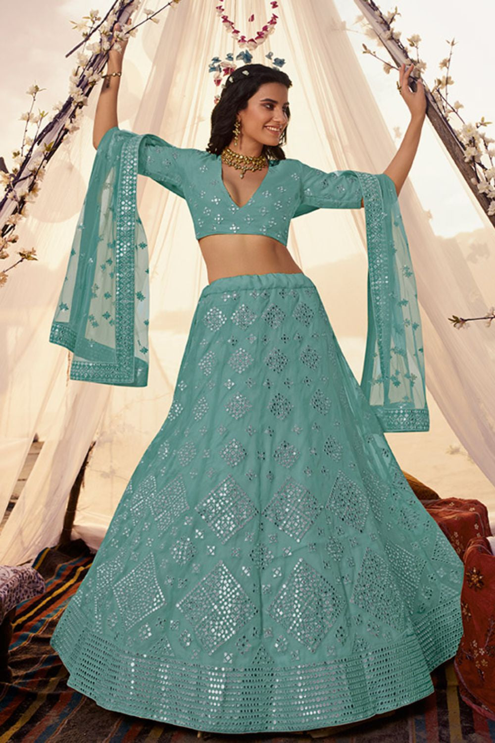 Blue Organza Partywear Lehenga Choli Foil Mirror Work  SFARY8014