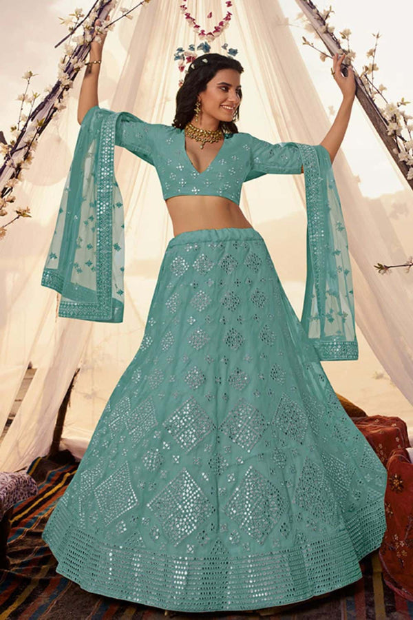Blue Organza Partywear Lehenga Choli Foil Mirror Work  SFARY8014