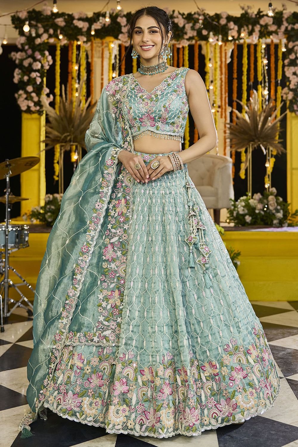 Green Silk Lehenga Choli - SFPRF261704R