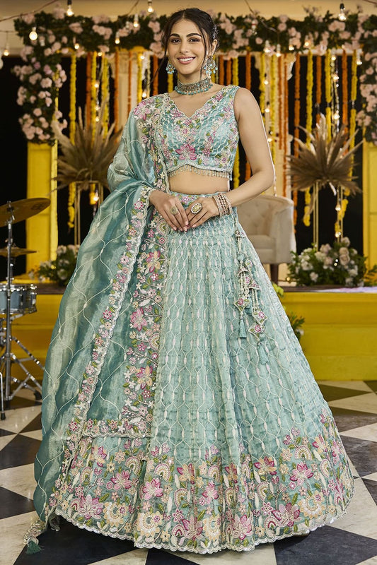 Green Silk Lehenga Choli - SFPRF261704R