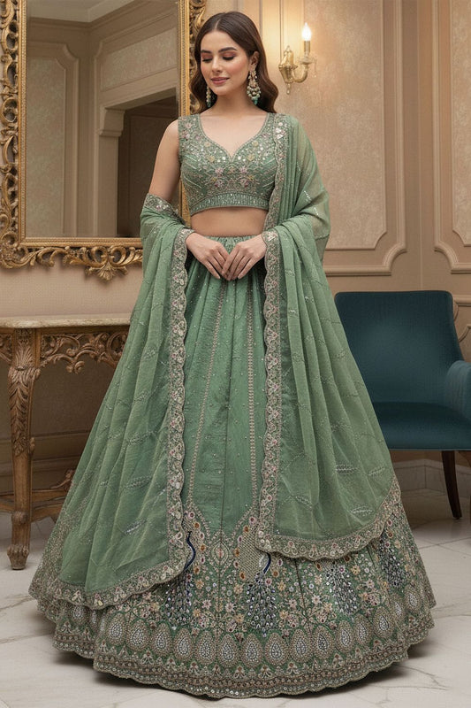 Green Silk Lehenga Choli - SFANJ3197