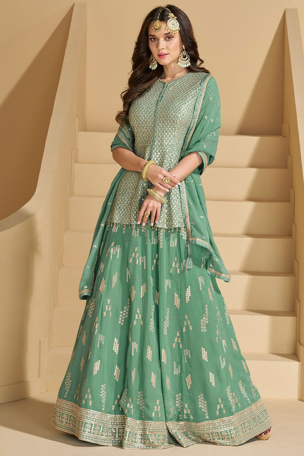Green Georgette Sangeet Wedding Palazzo Suit SFEDC18003R