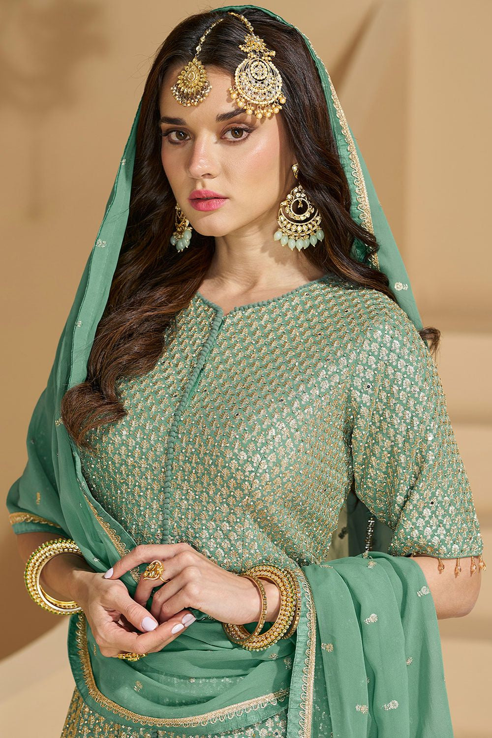 Green Georgette Sangeet Wedding Palazzo Suit SFEDC18003R