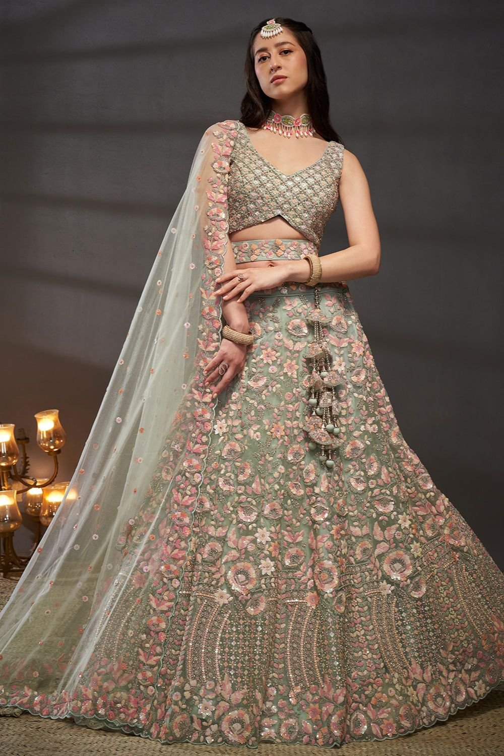 Green Net Bridal Reception Lehenga Choli SFSA494903