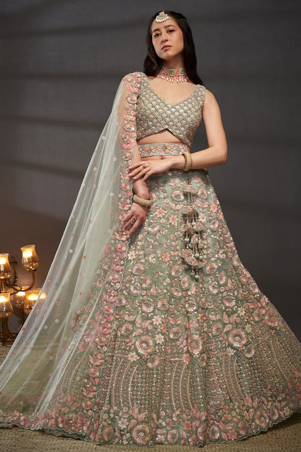 Green Net Bridal Reception Lehenga Choli SFSA494903