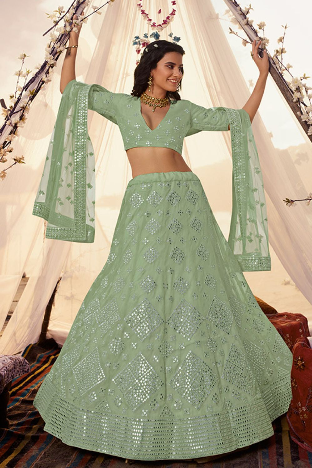 Green Organza Partywear  Lehenga Choli Foil Mirror Work SFARY8012