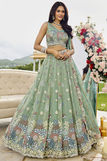 Green Silk Lehenga Choli - SFPRF261706R