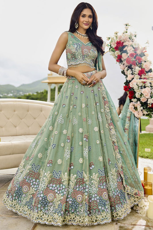 Green Silk Lehenga Choli - SFPRF261706R