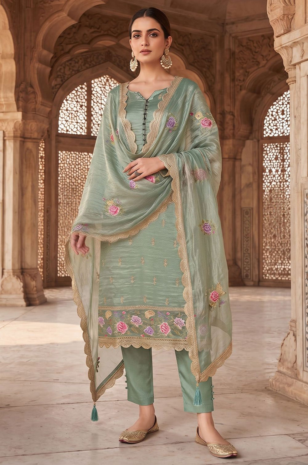 Green Silk Salwar Kameez - SFPRF281401