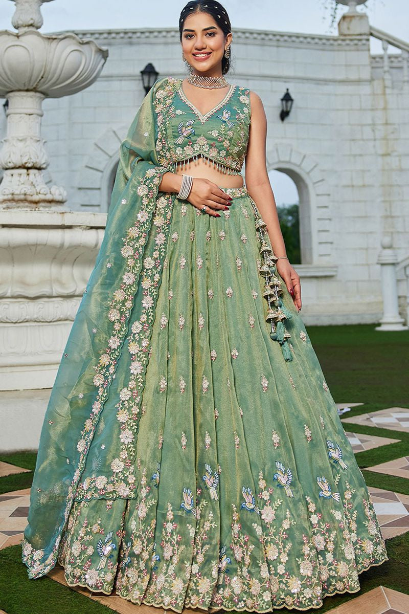 Green Tissue Wedding Party Lehenga Choli SFPRF261507R