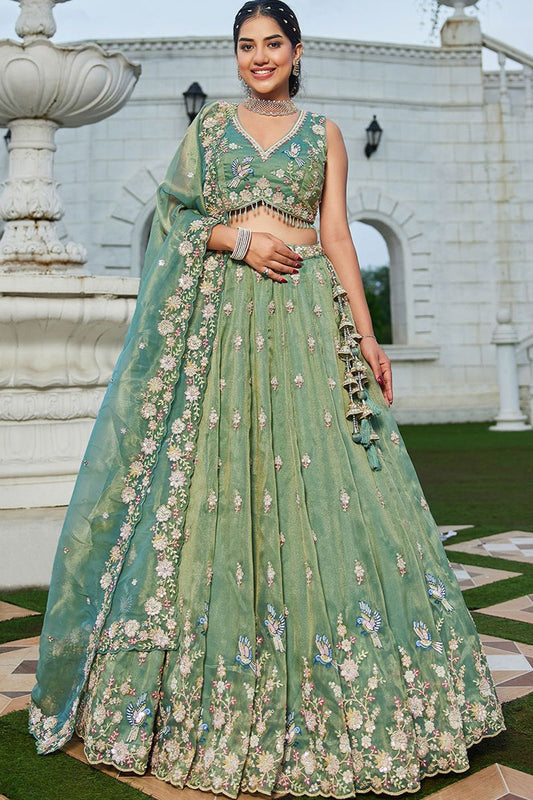 Green Tissue Wedding Party Lehenga Choli SFPRF261507R