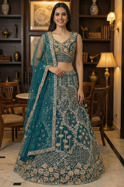 Firozi Net Luminous Wedding Reception Lehenga Choli SFANJ3233