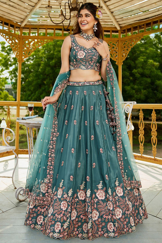 Green Satin Wedding Reception Lehenga Choli SFFK28703