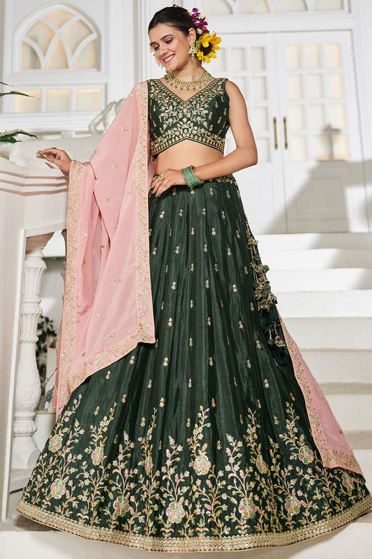 Green Wedding Reception Chiffon Lehenga Choli In Chiffon SFFK28602