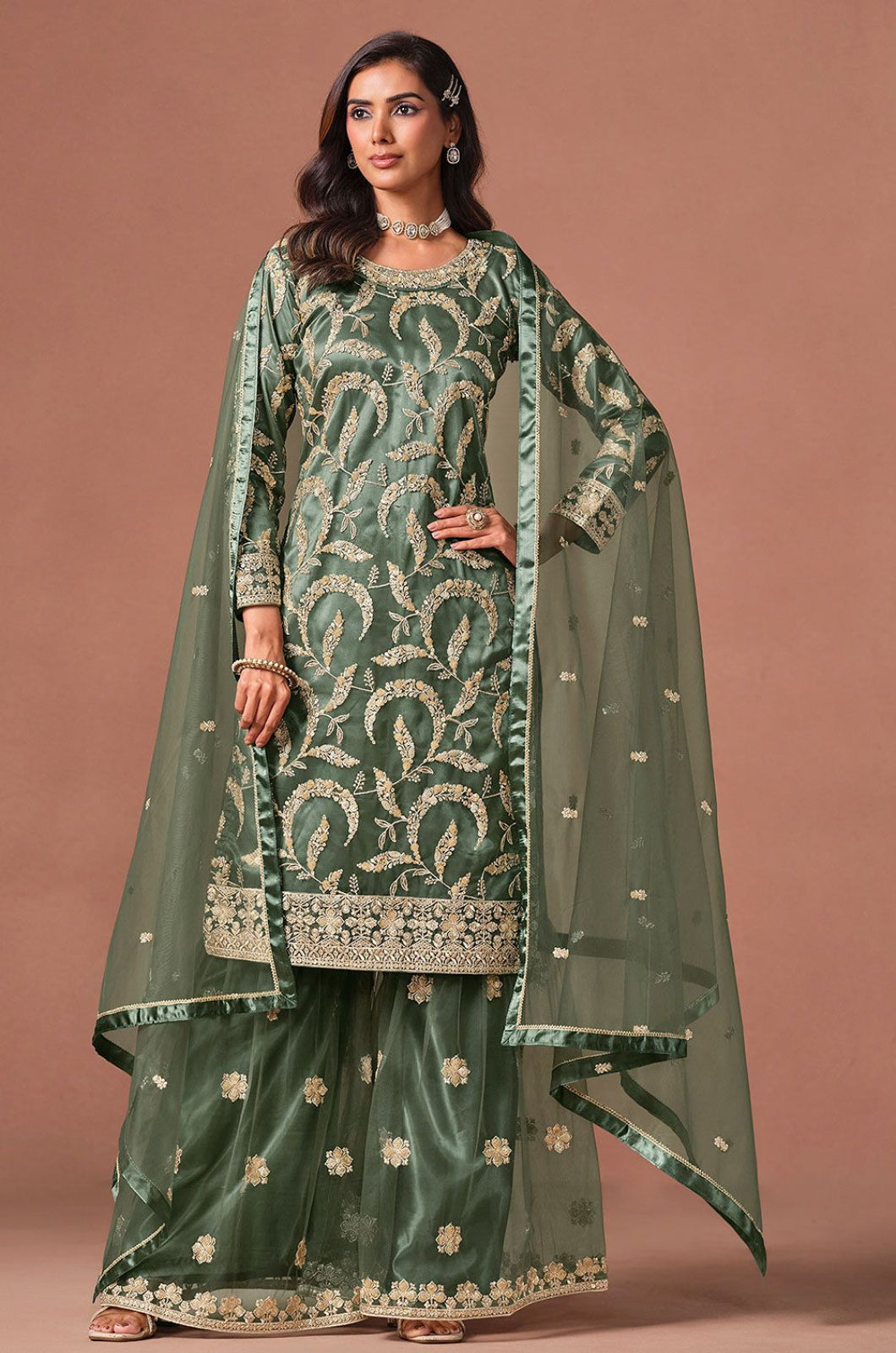 Green Net Salwar Kameez - SFDFS39202R