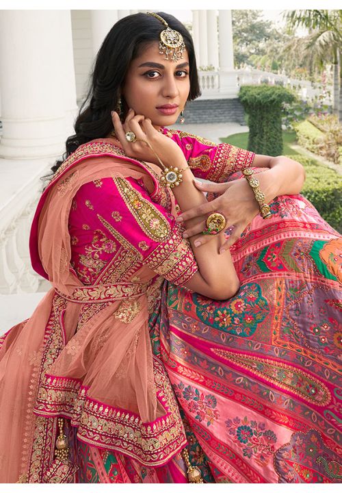 Pink Bridal Indian Wedding Leheng Choli In Silk SFSA385706