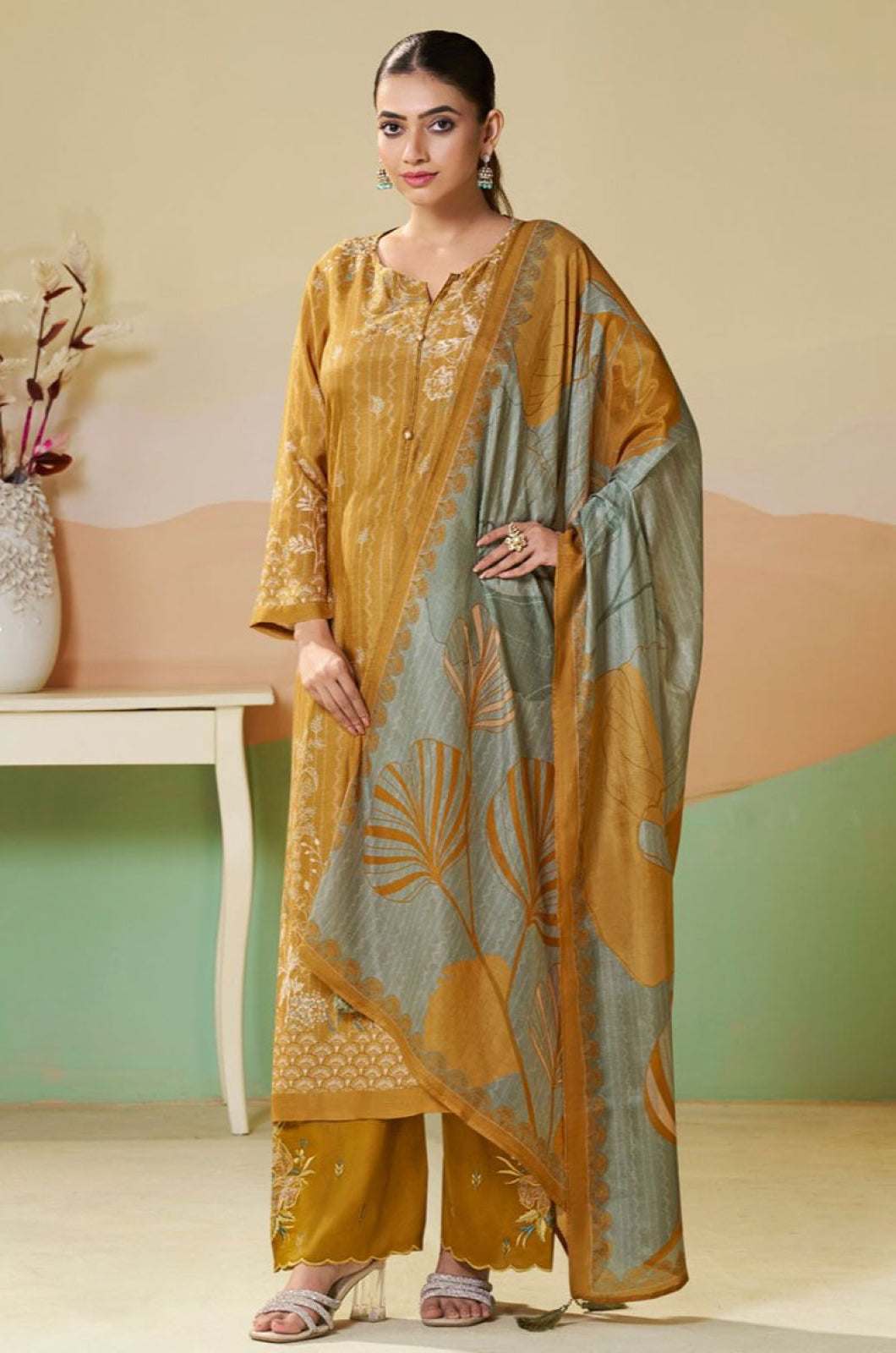 Yellow Printed Muslin Salwar Kameez  SFSA553003