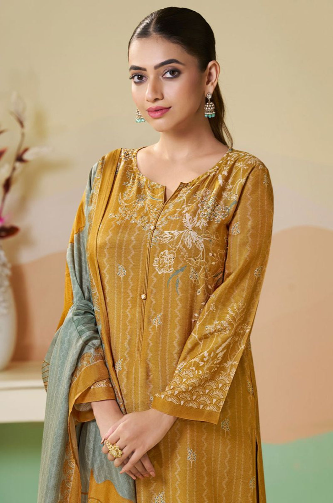 Yellow Printed Muslin Salwar Kameez  SFSA553003