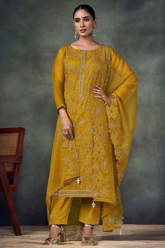 Yellow Chiffon Plus Size Salwar Kameez Swarovski Work SFVPL30103