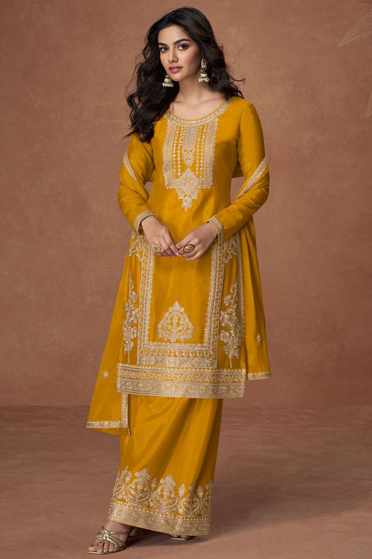 Yellow Culture-wrapped Chinnon Silk Palazzo Suit  SFYS155905R