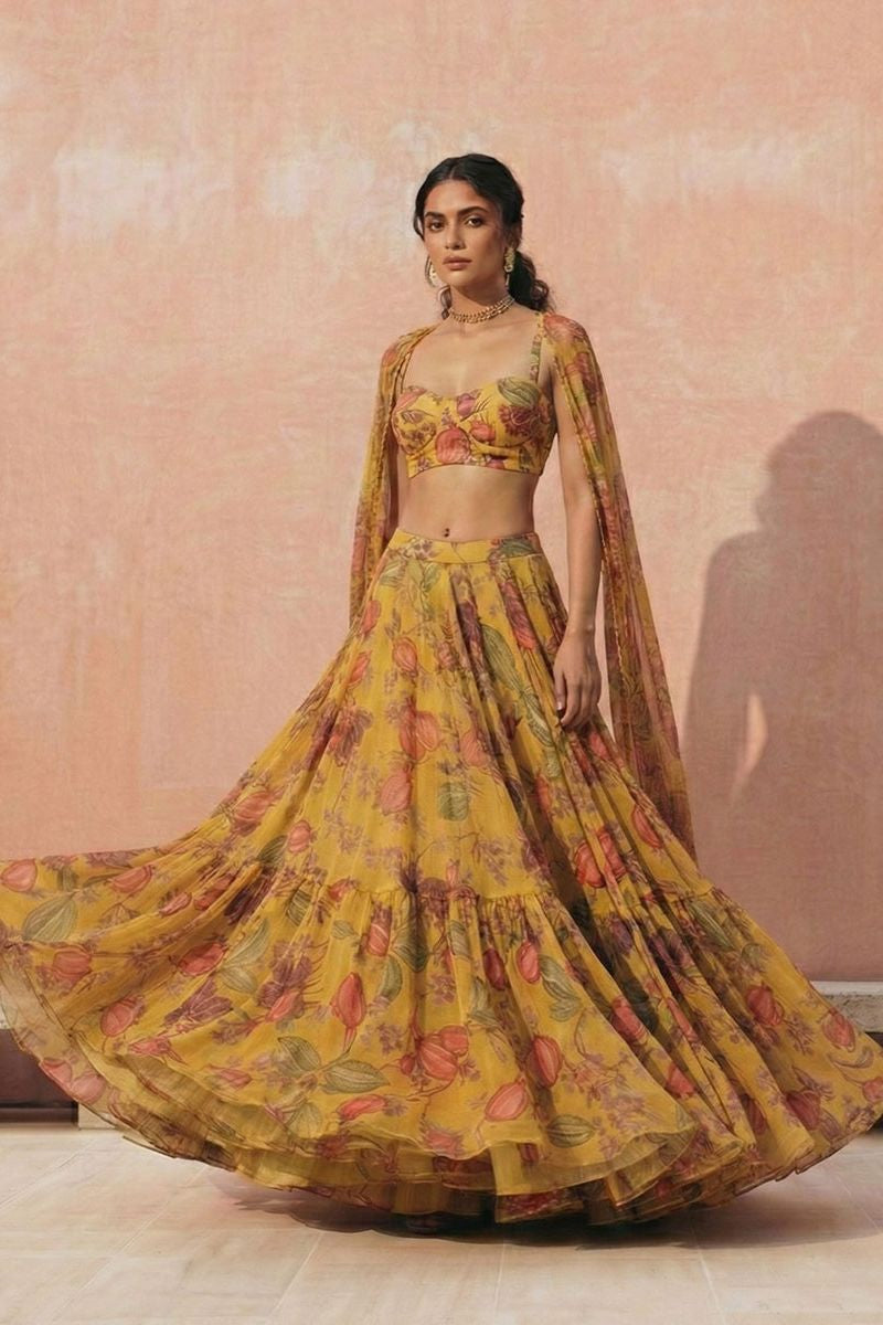 Yellow Georgette Sangeet Party Indo Western Lehenga Choli SFSA512402R