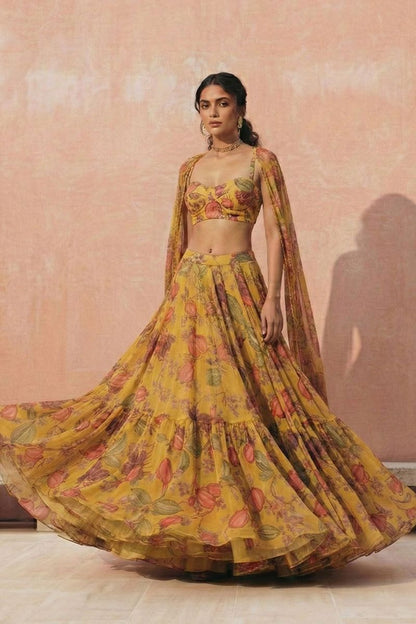 Yellow Georgette Sangeet Party Indo Western Lehenga Choli SFSA512402R