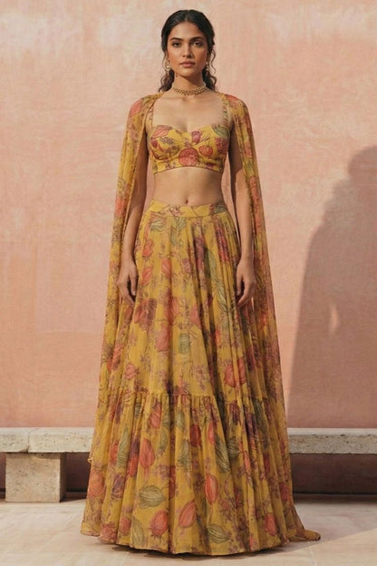 Yellow Georgette Sangeet Party Indo Western Lehenga Choli SFSA512402R