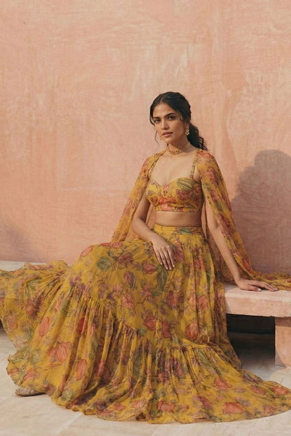 Yellow Georgette Sangeet Party Indo Western Lehenga Choli SFSA512402R