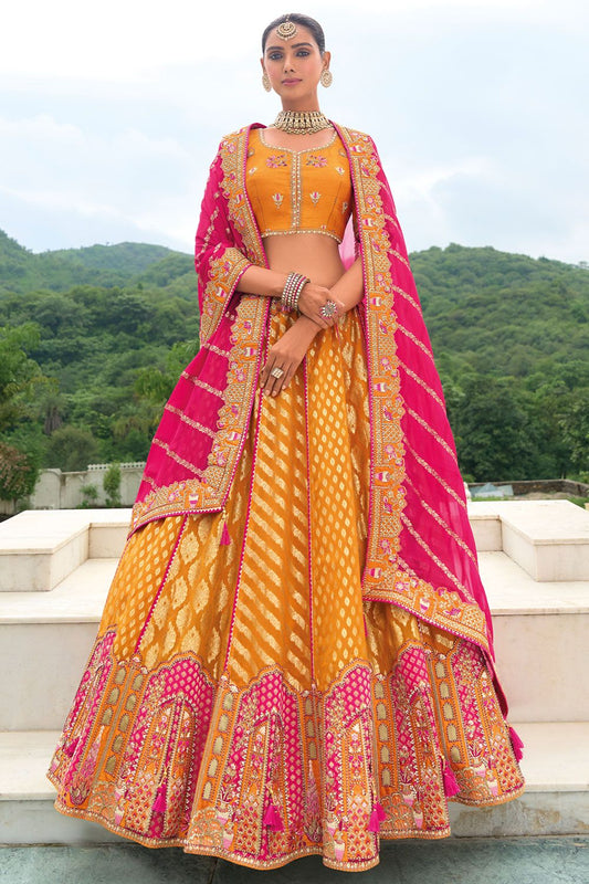 Yellow Bridal Sangeet Silk Lehenga Choli Set SFSJDN25207