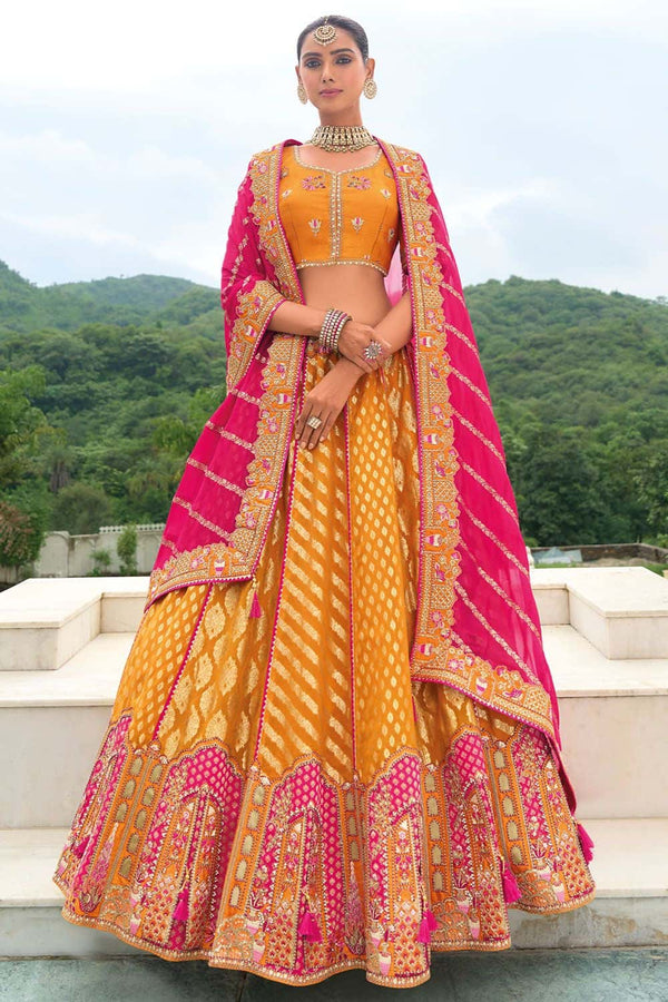 Yellow Bridal Sangeet Silk Lehenga Choli Set SFSJDN25207