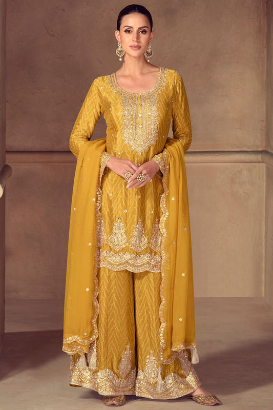 Yellow Minimalist Chinnon Palazzo Suit With Zari Embroidery Work  SFYS156102R