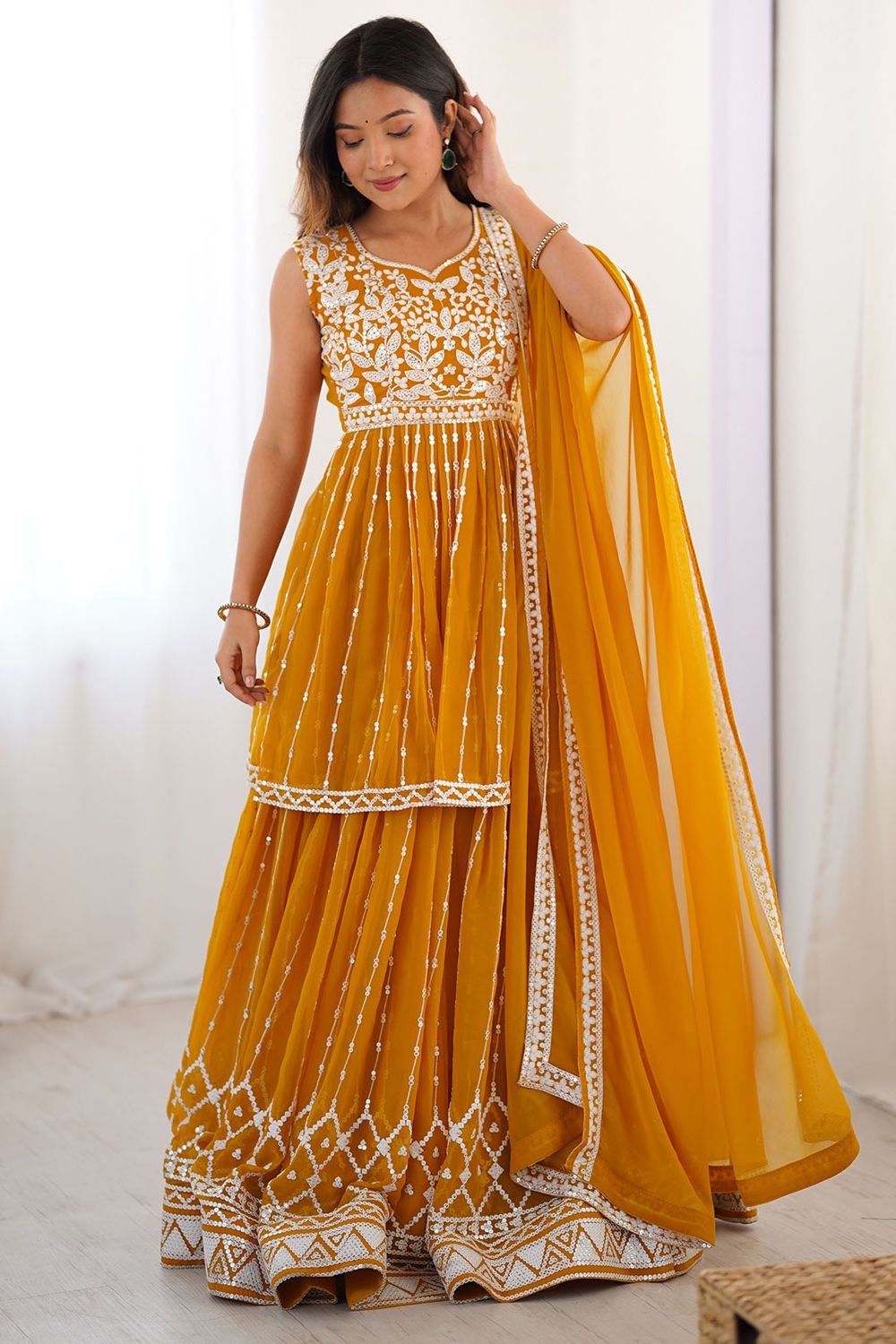 Yellow Haldi Georgette Palazzo Salwar Kameez Lehenga SFROY540202R