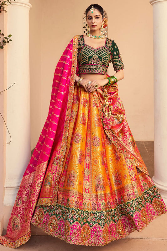 Yellow Banarasi Bridal Lehenga Choli In Zarkan Cut Work  SFSJDN30806