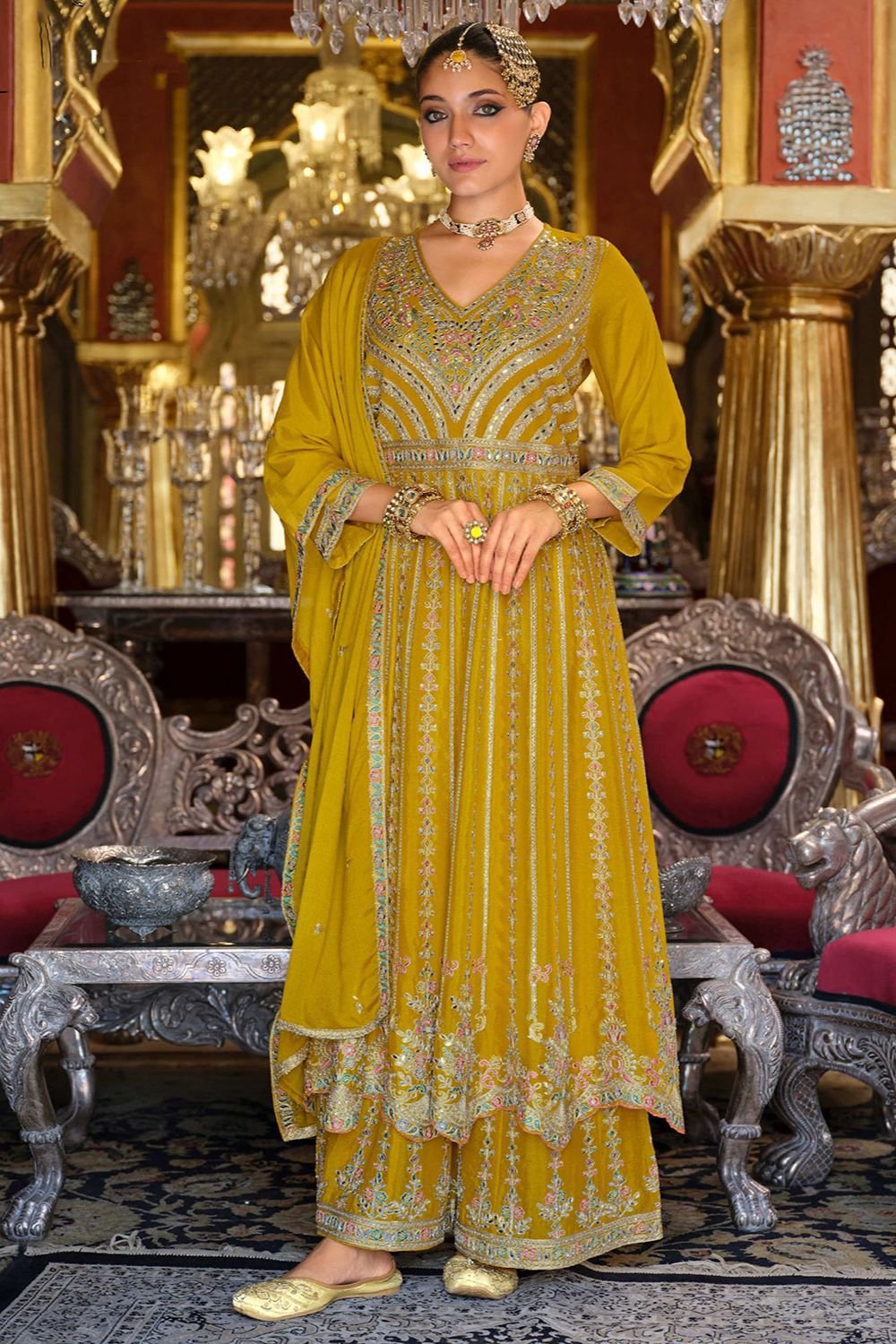 Yellow Wedding Sangeet Party Chinnon Salwar Kameez  SFFK32303R