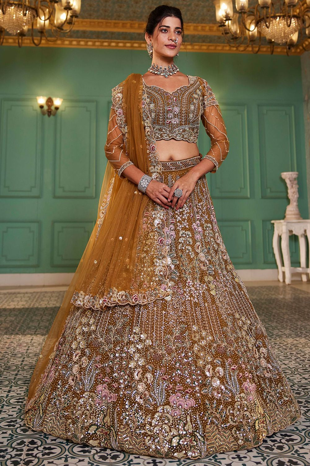 Yellow Haldi Net Bridal Wedding Designer Lehenga SFROY509116