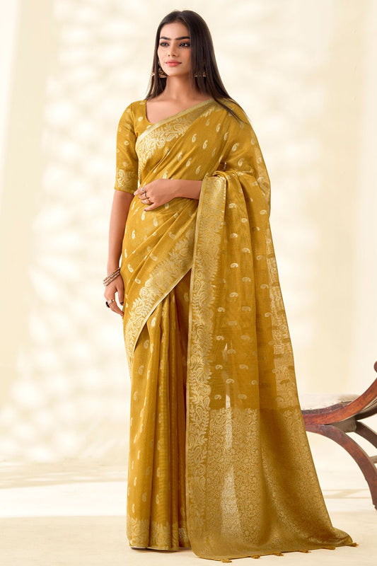Yellow Tissue Silk Party Saree With Blouse  SFSJDN31604