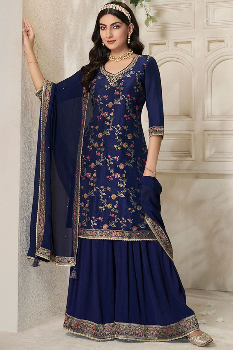 Blue Sharara Kameez Palazzo Suit Readymade In Silk SFVNF1707R