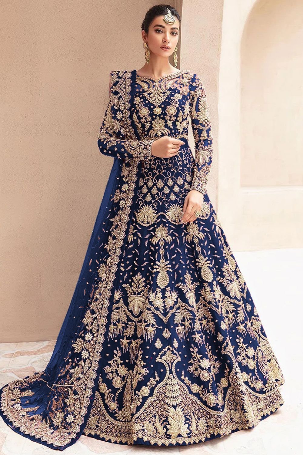 Blue Net Wedding Sangeet Anarkali Gown Suit SFSA485201