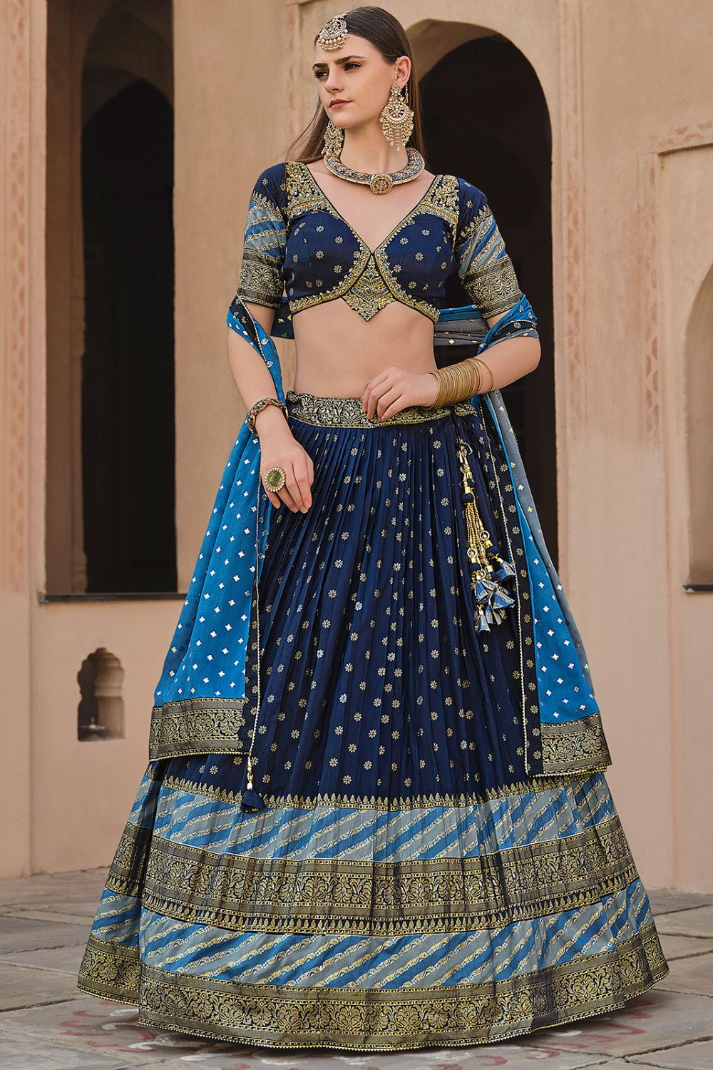 Nautical Blue Silk  Sangeet Designer Engagement Lehenga Set SFSA481001R