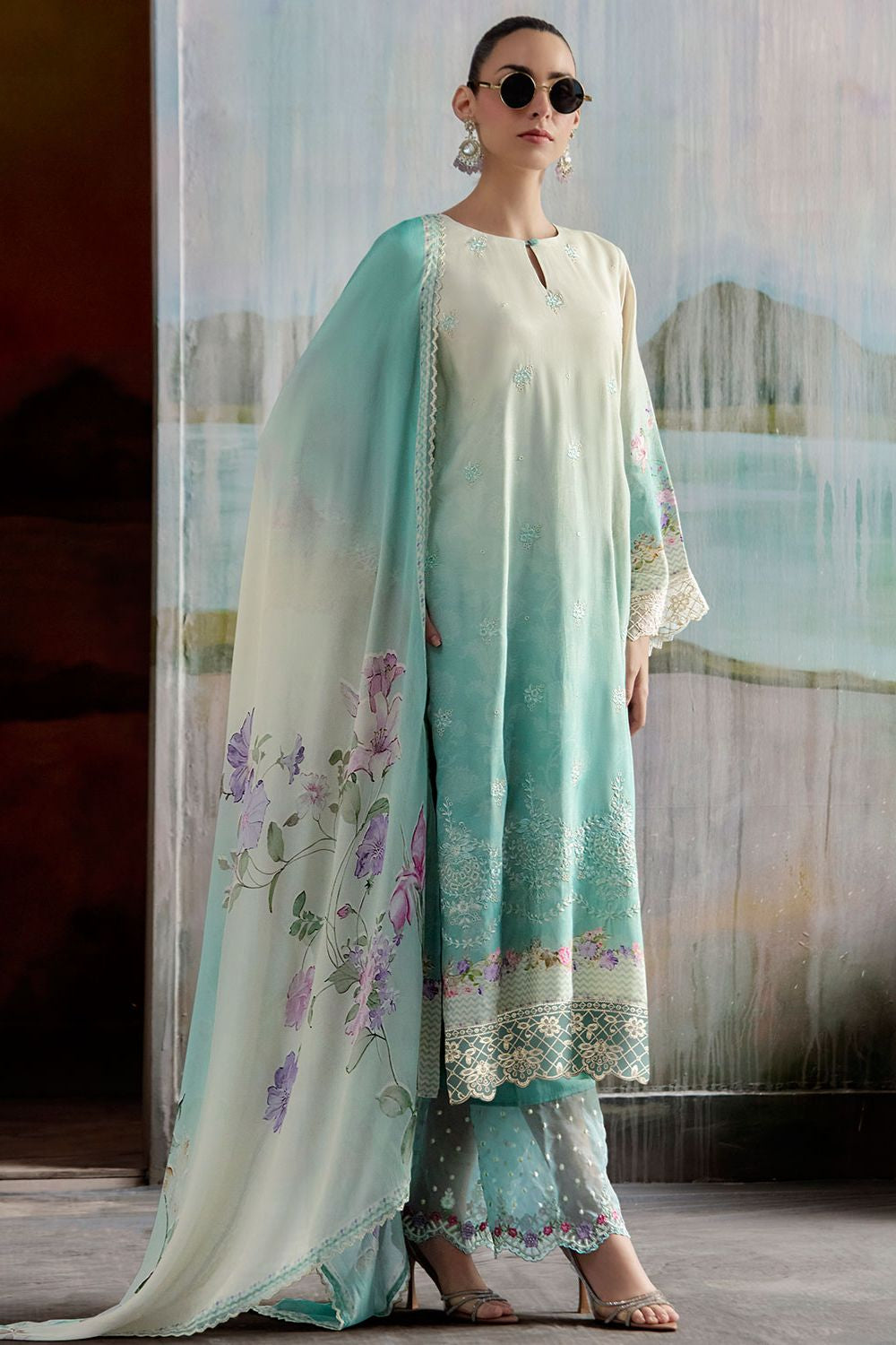 Blue Plus Size Embroidered Pure Muslin Salwar Kameez SFYS154904