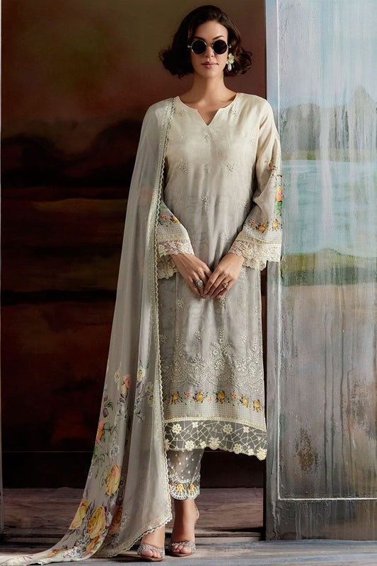 Grey Plus Size Embroidered Pure Muslin Salwar Kameez SFYS154903