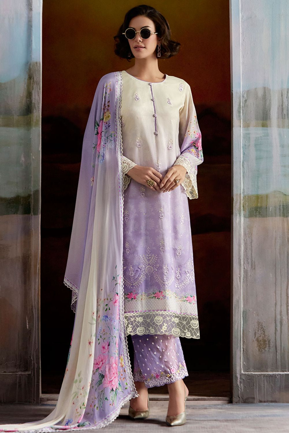 Purple Plus Size Embroidered Pure Muslin Salwar Kameez SFYS154905