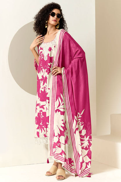 Off White Plus Size Muslin Salwar Kameez SFYS15740